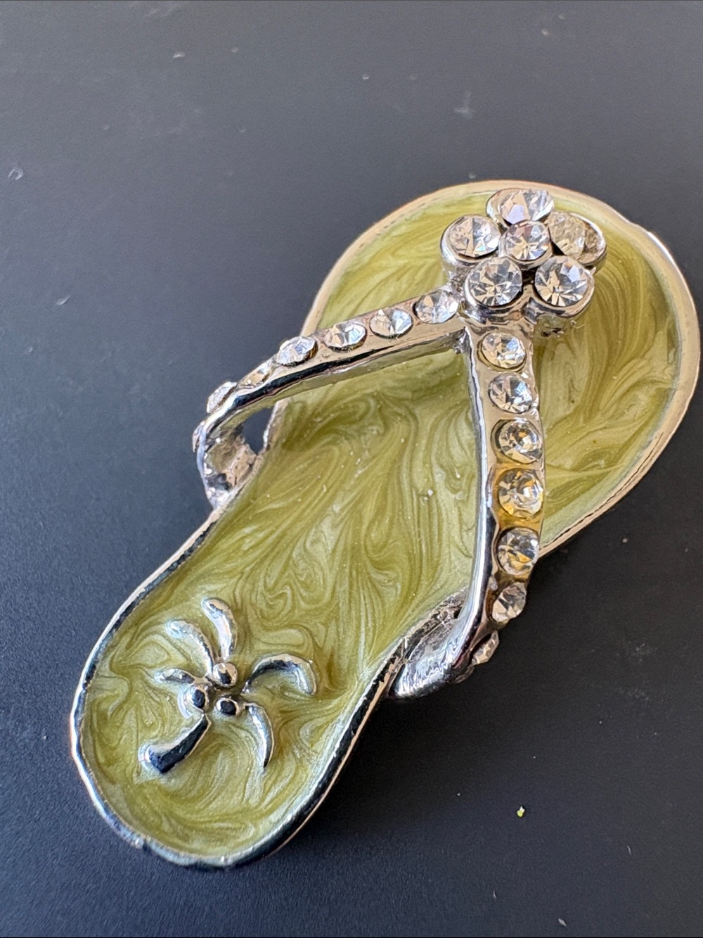 Rhinestone Embellished Green Flip-Flop Brooch - Women's Shoe Accent